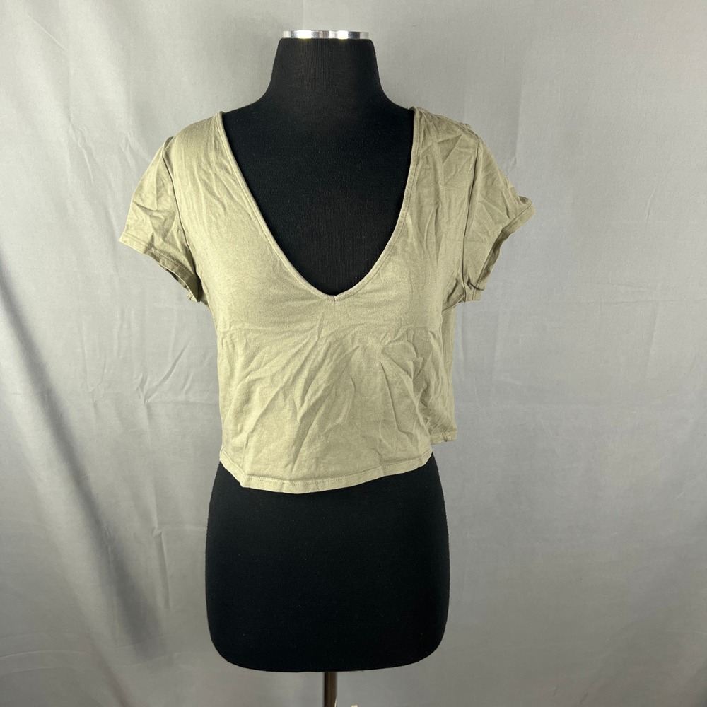 Charlotte Russe Cropped Top Womens XL Olive Green Cotton Stretch Back Zip V Neck